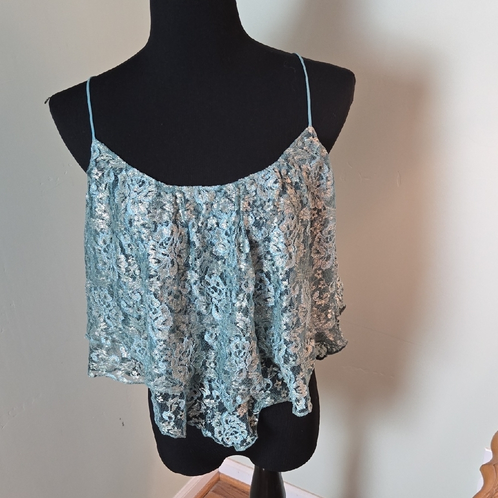 Ecote Elegant Lace Spaghetti Strap Metalic Top